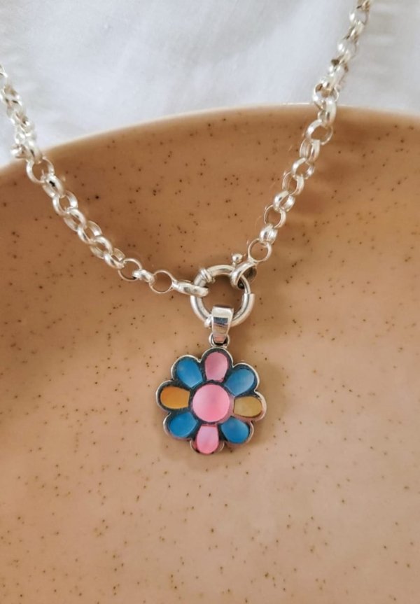 Dije Nacar Flor de Colores - Plata 925