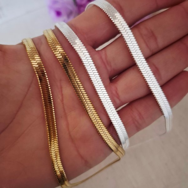 Cadena  Chata - Acero Blanco- Dorado