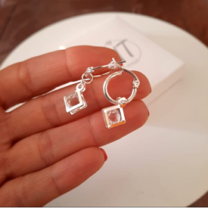 Argollas Cristal Dije Cuadrado - Acero Blanco