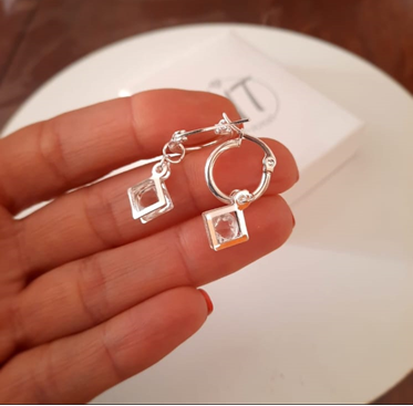 Argollas Cristal Dije Cuadrado - Acero Blanco