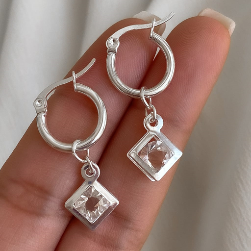 Argollas Cristal Dije Cuadrado - Acero Blanco