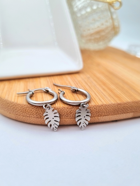 Argollas Dije Hojas Grandes - Acero Blanco