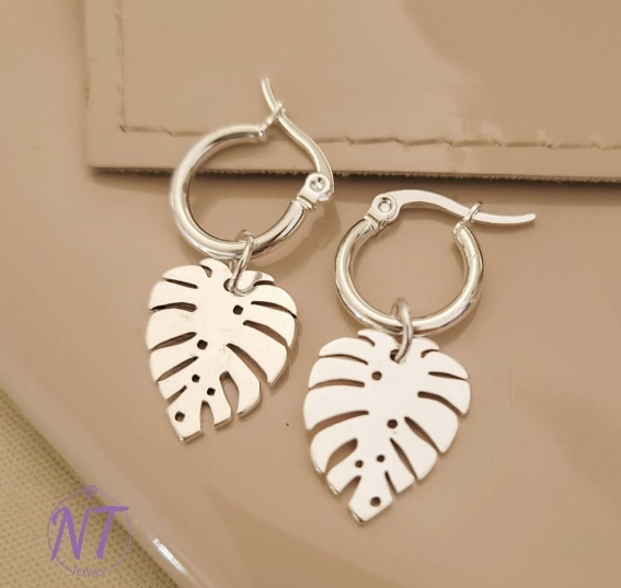 Argollas Dije Hojas Grandes - Acero Blanco