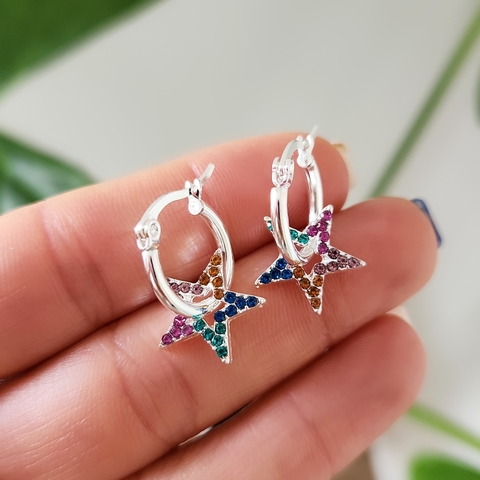 Argollas Estrellas Multicolor en Acero Blanco