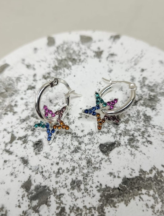 Argollas Estrellas Multicolor en Acero Blanco