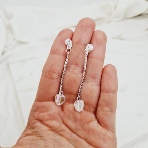 Aros Pasante Largo con Punto de Luz y Dije Corazón - Acero Blanco