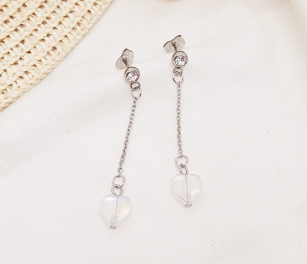 Aros Pasante Largo con Punto de Luz y Dije Corazón - Acero Blanco