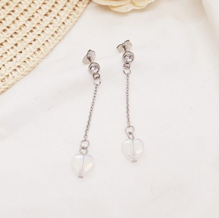 Aros Pasante Largo con Punto de Luz y Dije Corazón - Acero Blanco