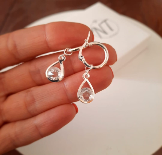 Aros brisura gota cristal en acero blanco