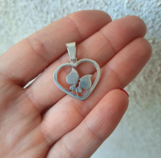 Dije forma Corazón y Mariposa - Acero Blanco Calado