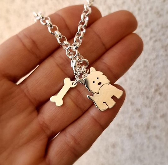 Pulsera Rolo con Dije de Perrito y Hueso - Acero Blanco