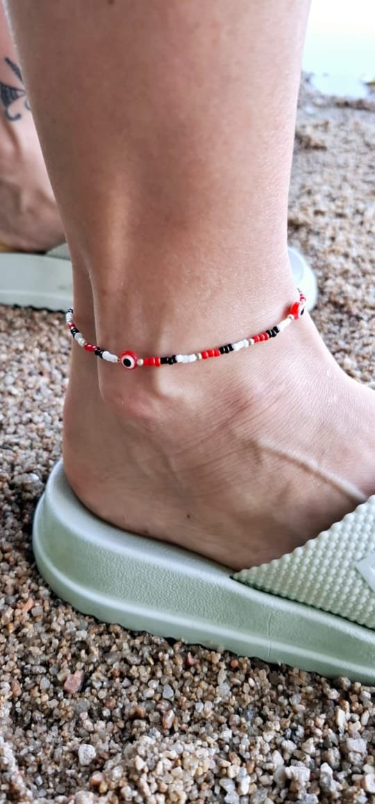 Tobillera Ojo Turco Roja Negra Blanca - Plata 925