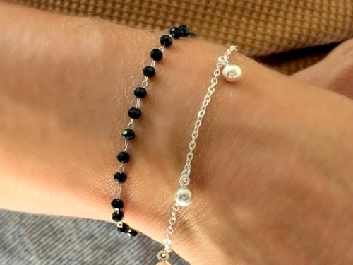 Pulsera Doble Negra más Bolitas - Acero Blanco