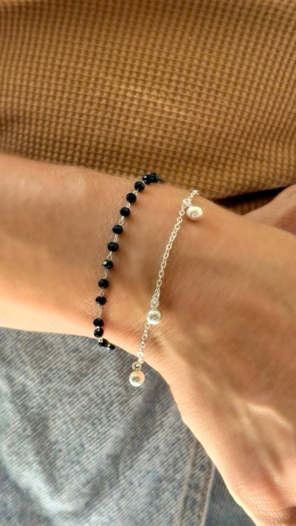Pulsera Doble Negra más Bolitas - Acero Blanco