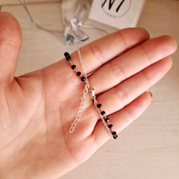 Pulsera Doble Negra más Bolitas - Acero Blanco