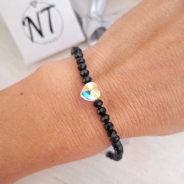 Pulsera negra corazón cristal - plata 925 Pulsera Negra Corazón Cristal - Plata 925
