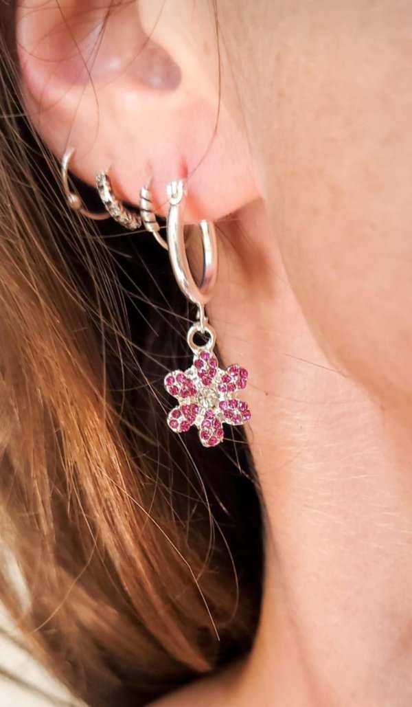 Argollas Flores Fucsia - Acero Blanco